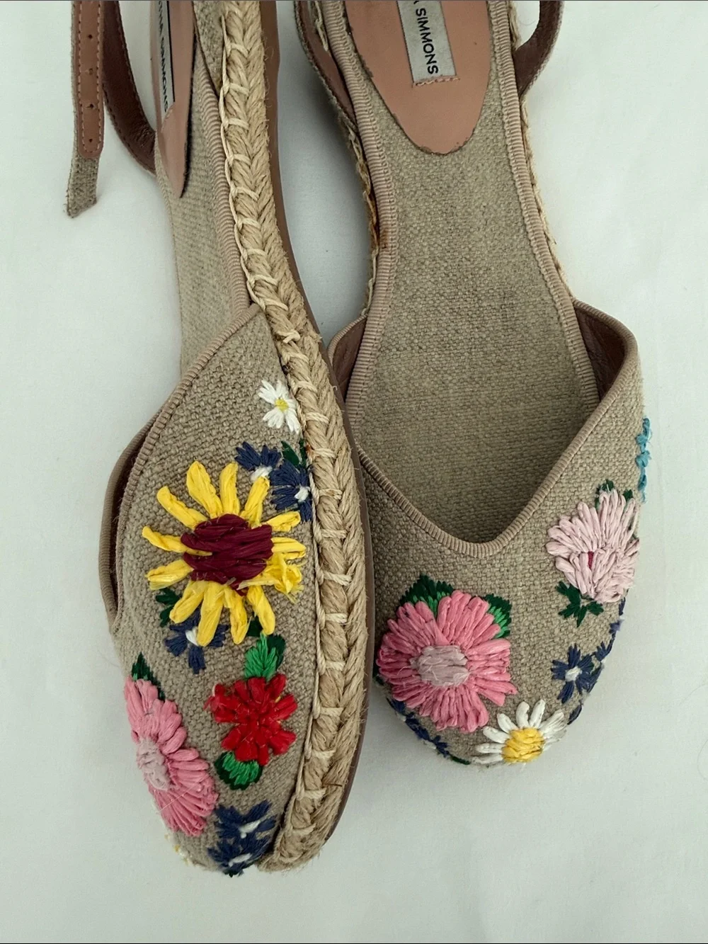Tabitha Simmons Beige Embroidered Floral Slingback Flats